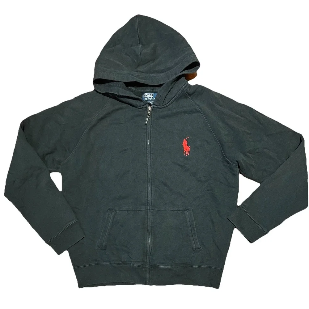Vintage Polo Ralph Lauren Big Pony Hoodie Mens Sz XL Full Zip Sweater Black Red